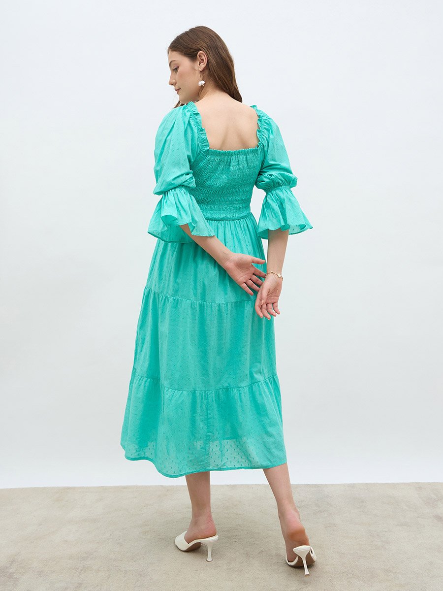 Smocked Detail Ruffled Sleeve Midi Dress