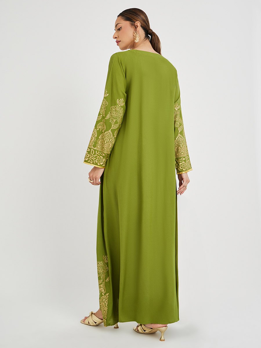 Foil Block Print Round Neck Jalabiya with Button Detail