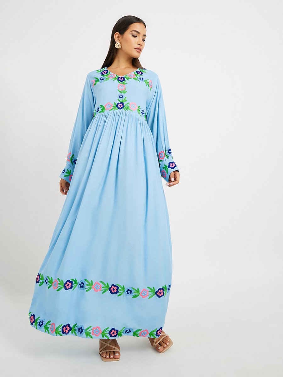 Embroidered V Neck Gathered Jalabiya