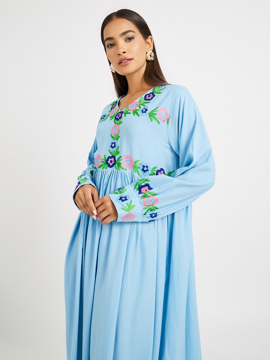 Embroidered V Neck Gathered Jalabiya
