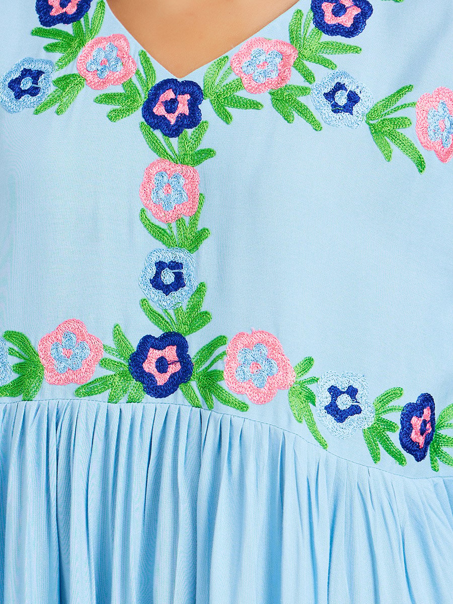 Embroidered V Neck Gathered Jalabiya