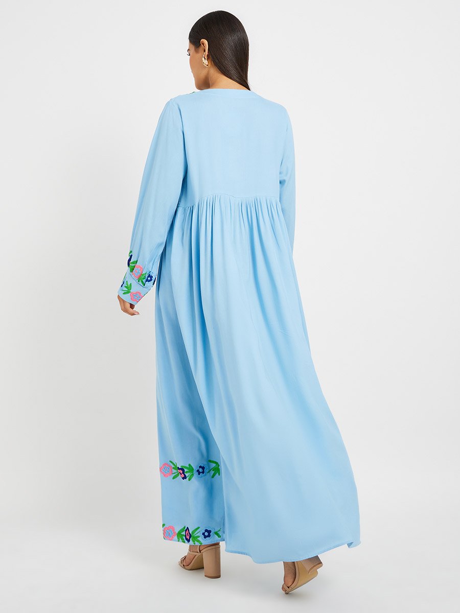 Embroidered V Neck Gathered Jalabiya