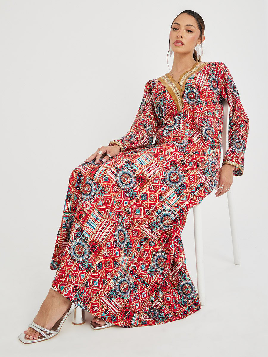 Haute Couture Abstract Print V Neck Jalabiya with Lace Detail