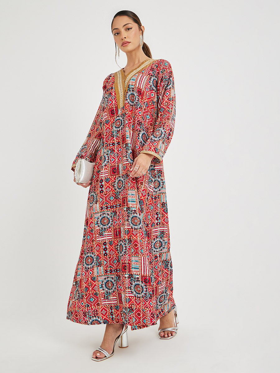 Haute Couture Abstract Print V Neck Jalabiya with Lace Detail