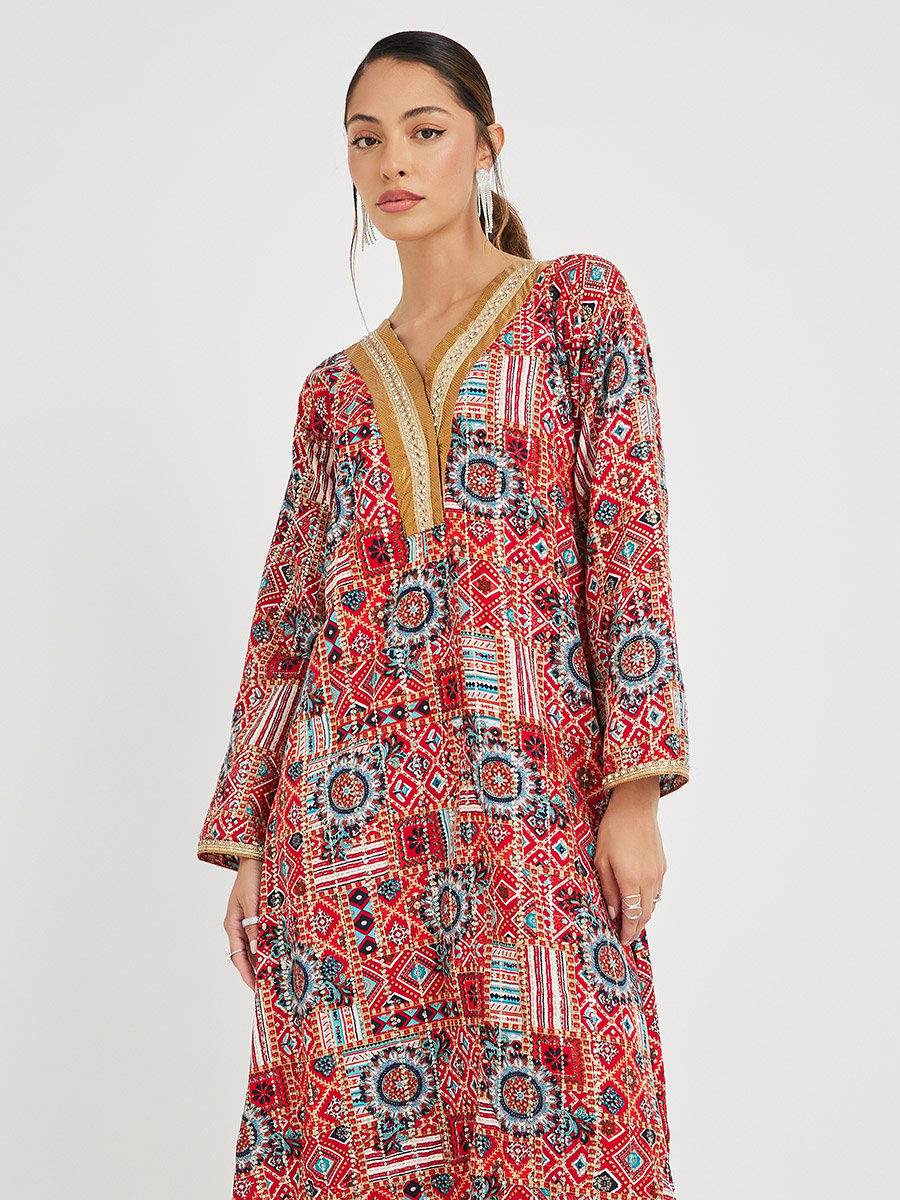 Haute Couture Abstract Print V Neck Jalabiya with Lace Detail