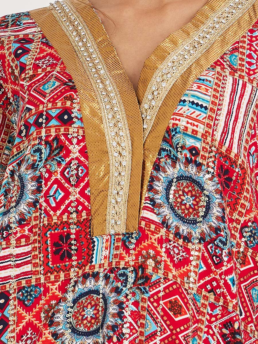 Haute Couture Abstract Print V Neck Jalabiya with Lace Detail