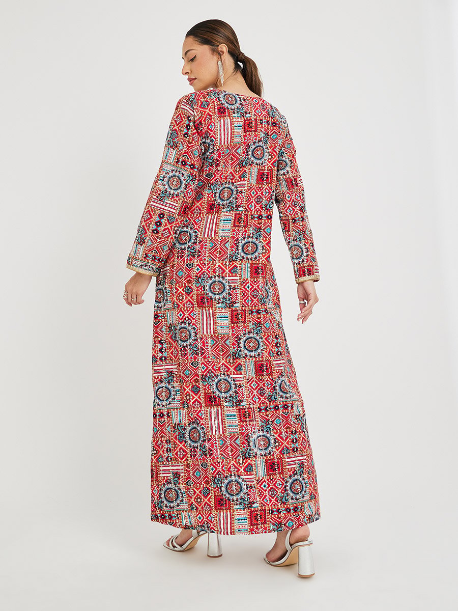 Haute Couture Abstract Print V Neck Jalabiya with Lace Detail