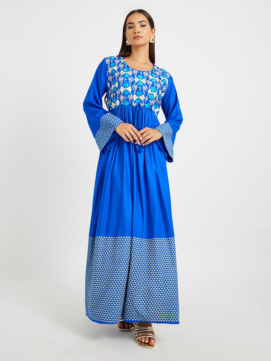 Blue Geometric Print Embroidered Yoke Jalabiya