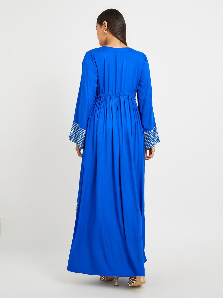 Blue Geometric Print Embroidered Yoke Jalabiya