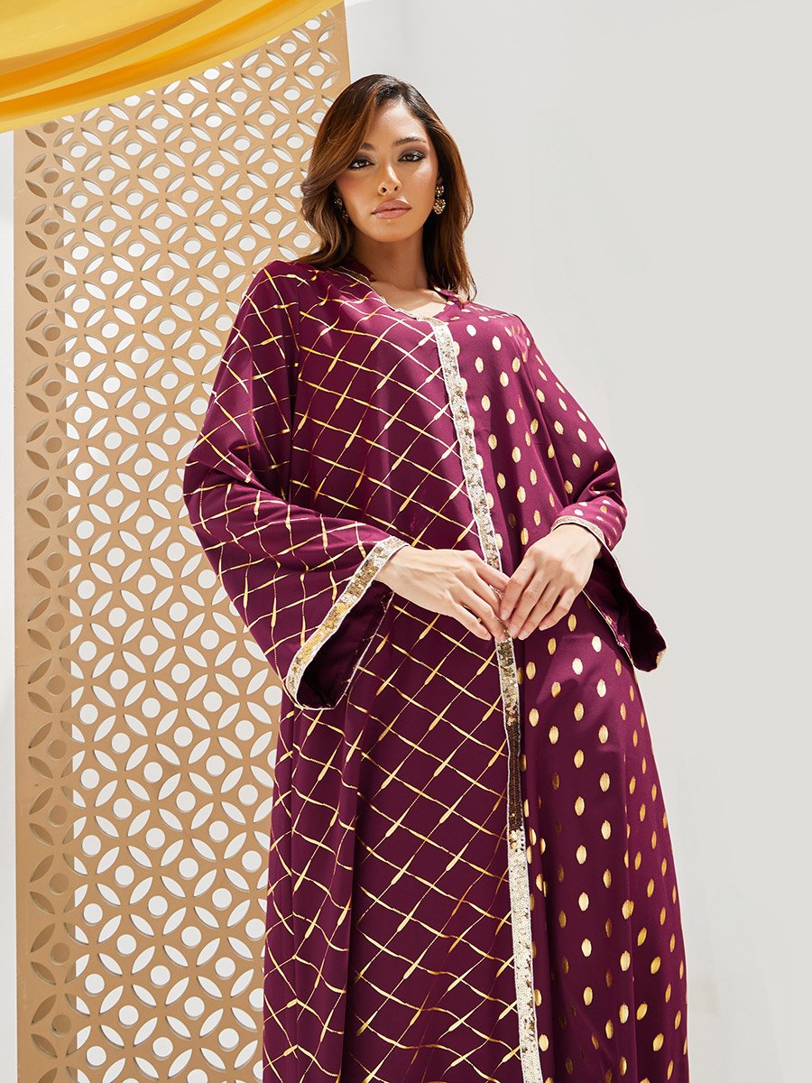 Foil Printed Collared Jalabiya with Lace Detail