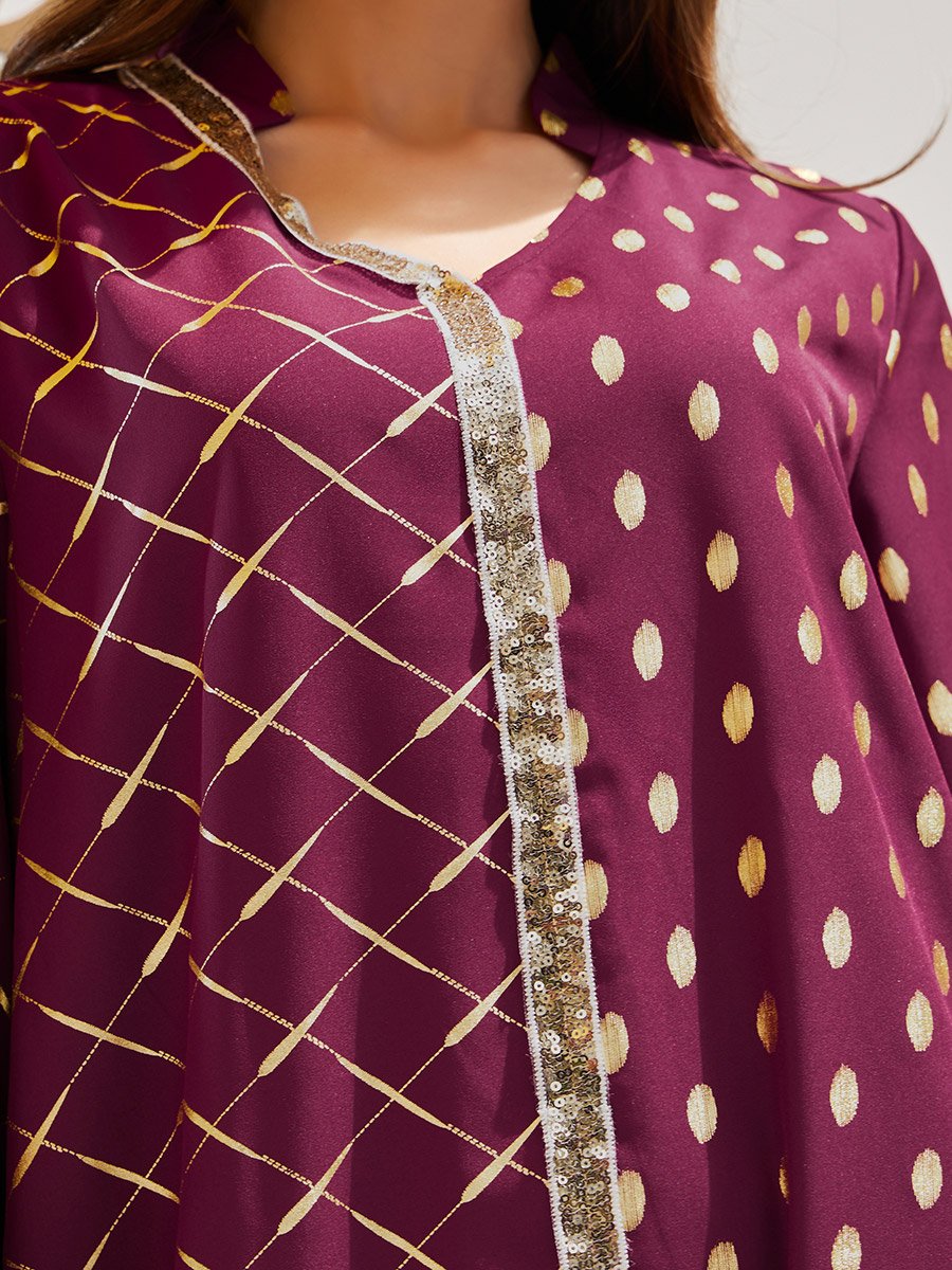 Foil Printed Collared Jalabiya with Lace Detail