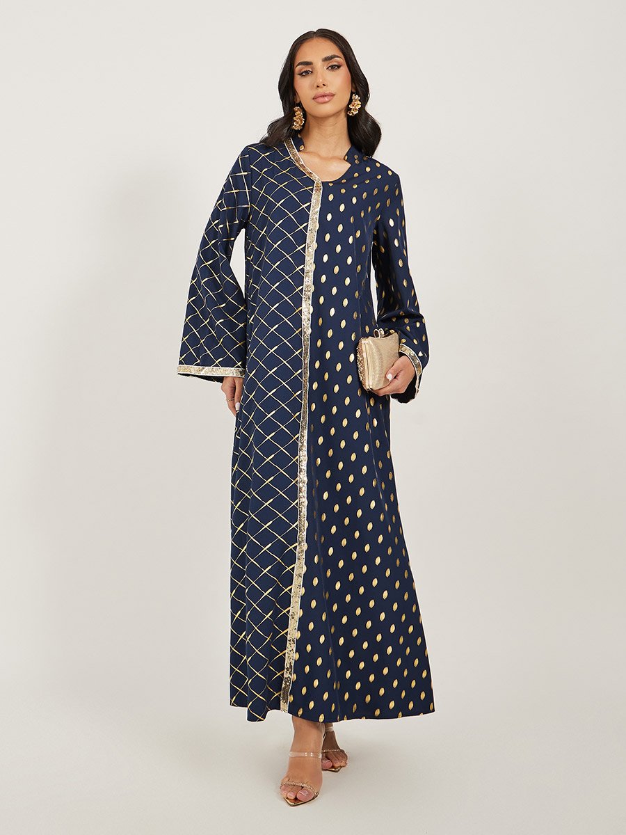 Foil Printed Collared Jalabiya with Lace Trim