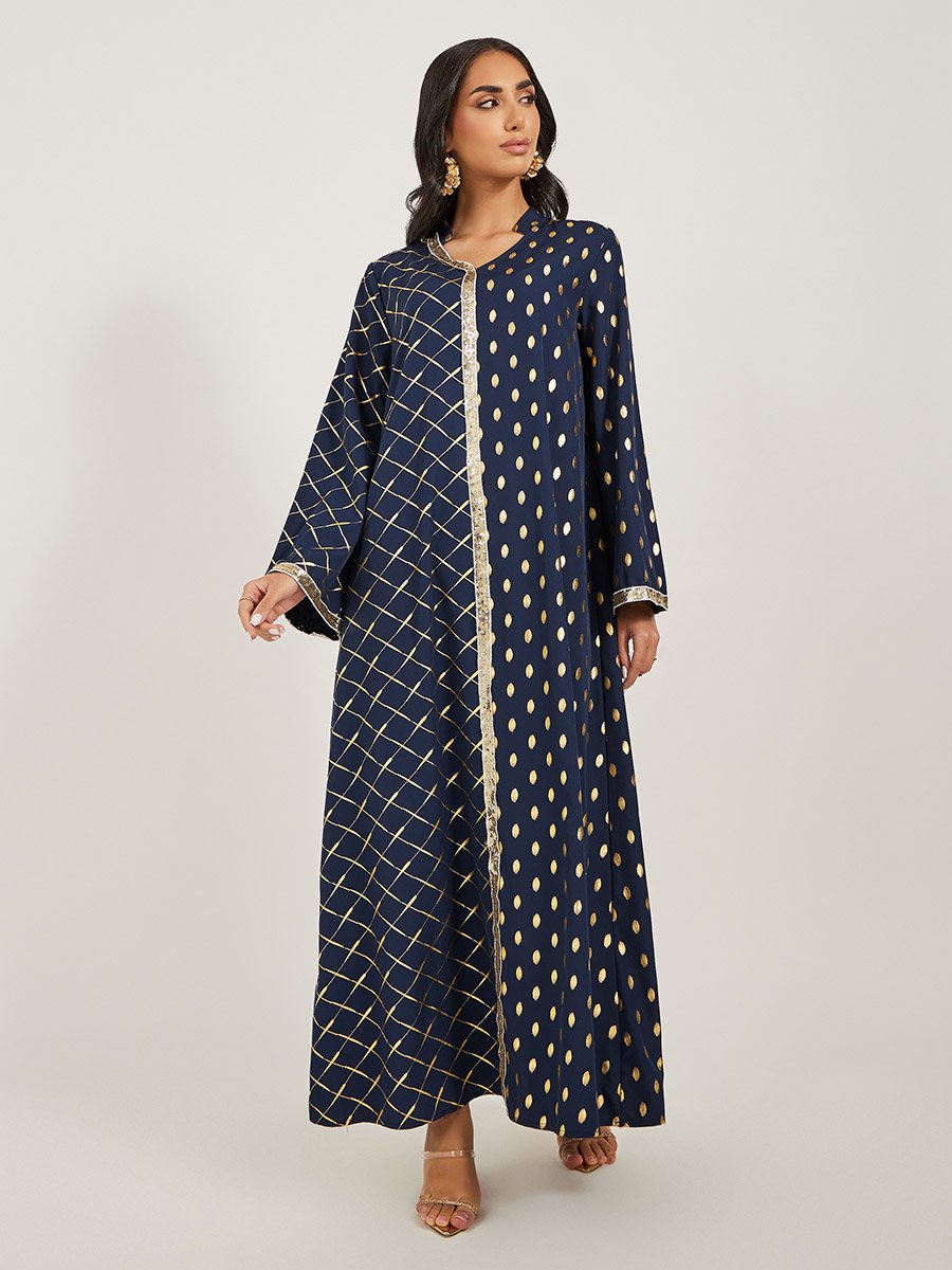 Foil Printed Collared Jalabiya with Lace Trim