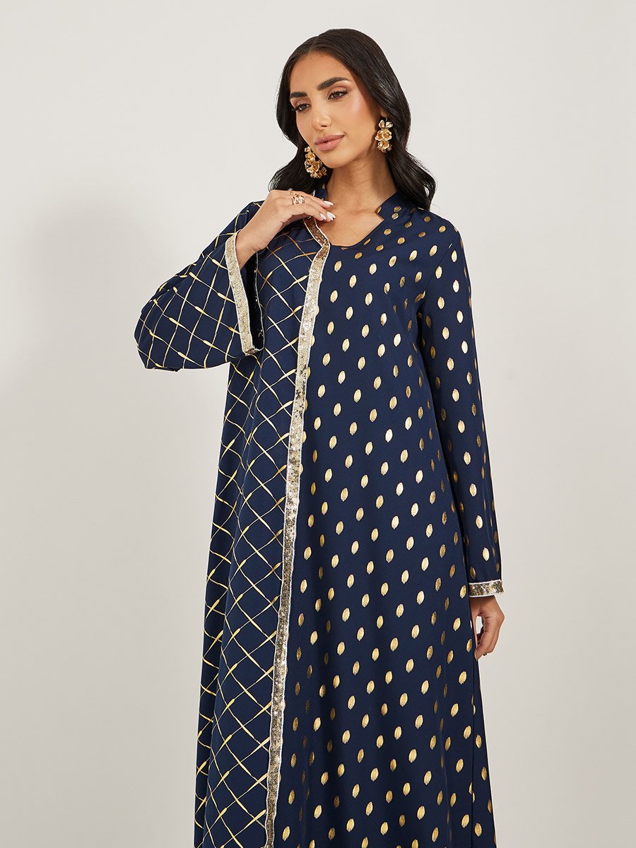 Foil Printed Collared Jalabiya with Lace Trim
