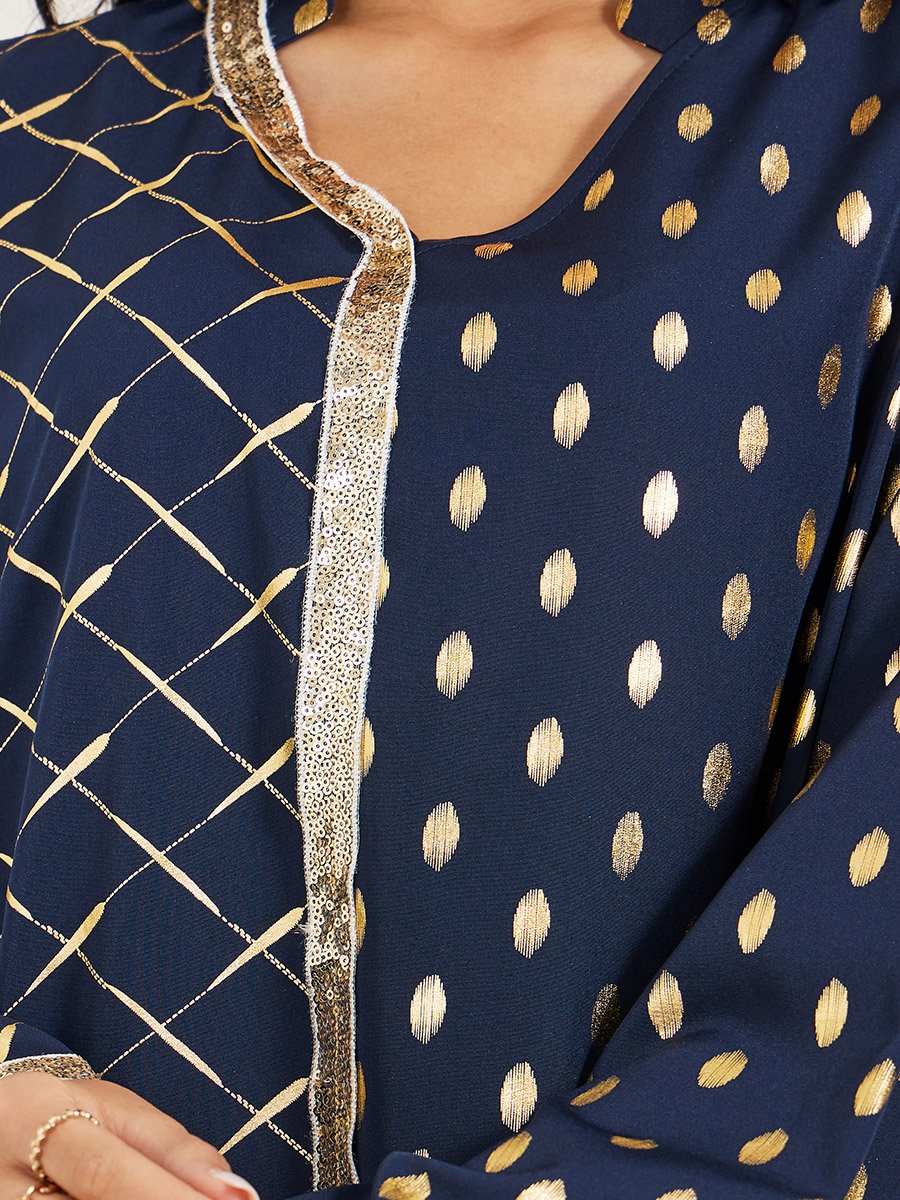 Foil Printed Collared Jalabiya with Lace Trim