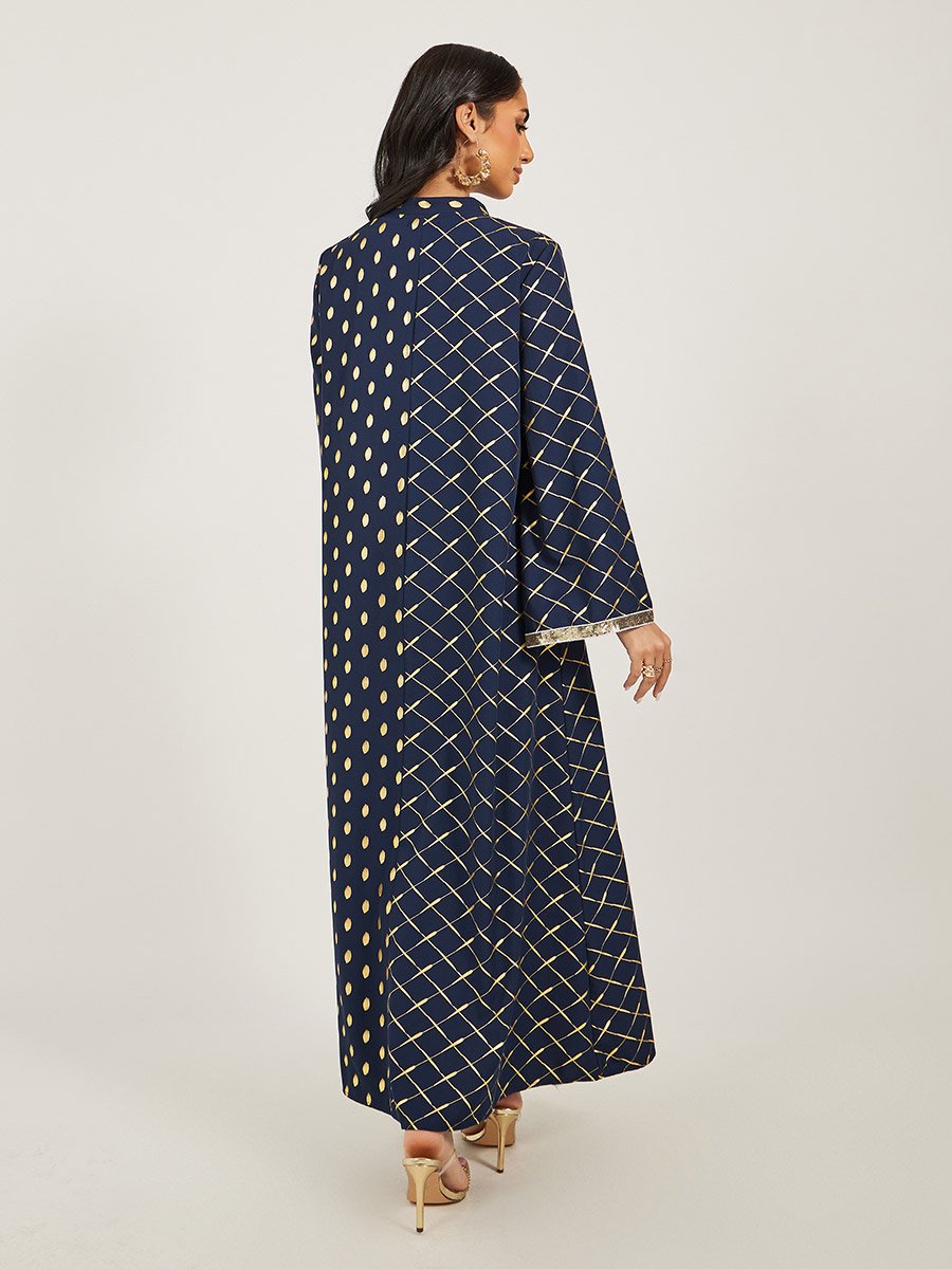 Foil Printed Collared Jalabiya with Lace Trim