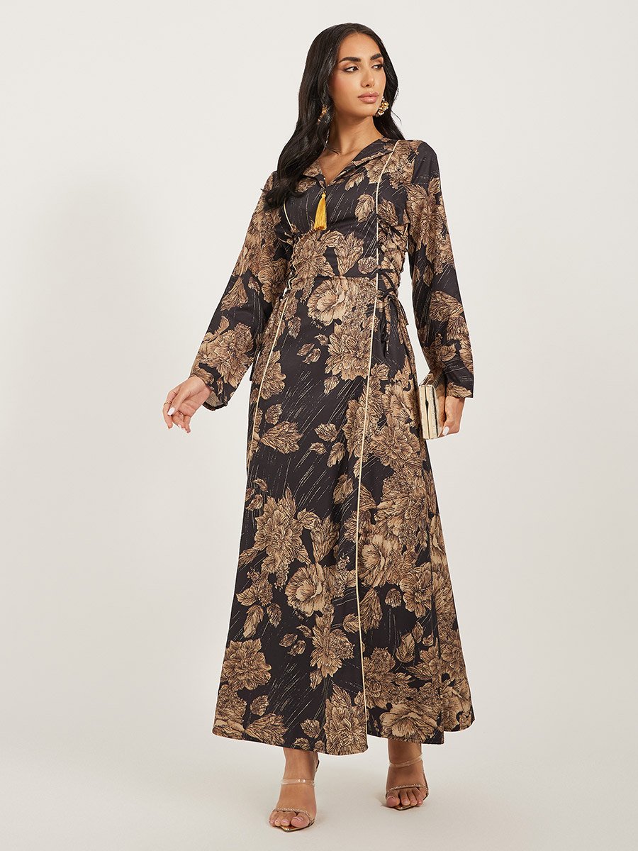 Floral Jacquard Flat Collared Jalabiya with Tassel Detail