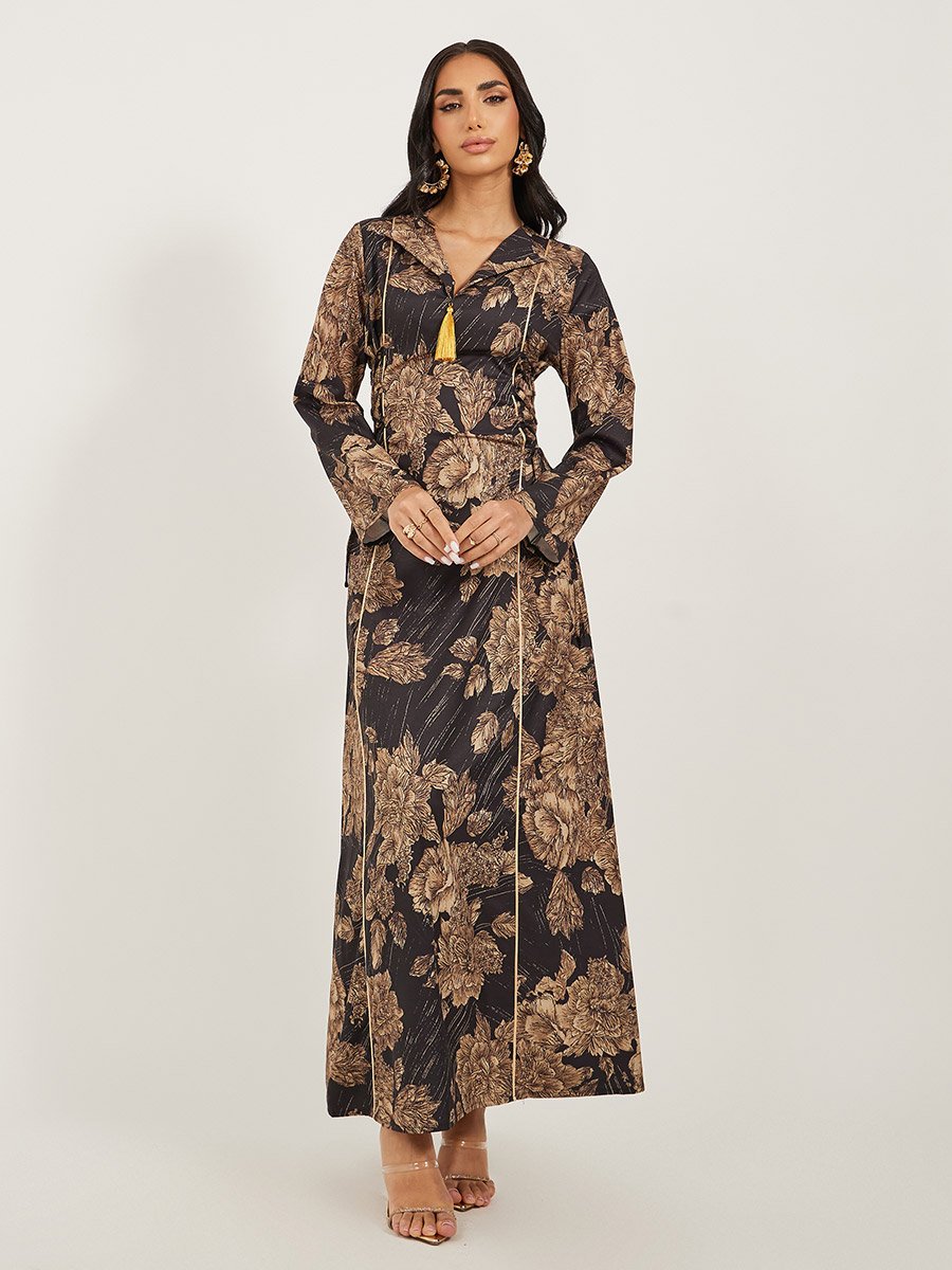 Floral Jacquard Flat Collared Jalabiya with Tassel Detail