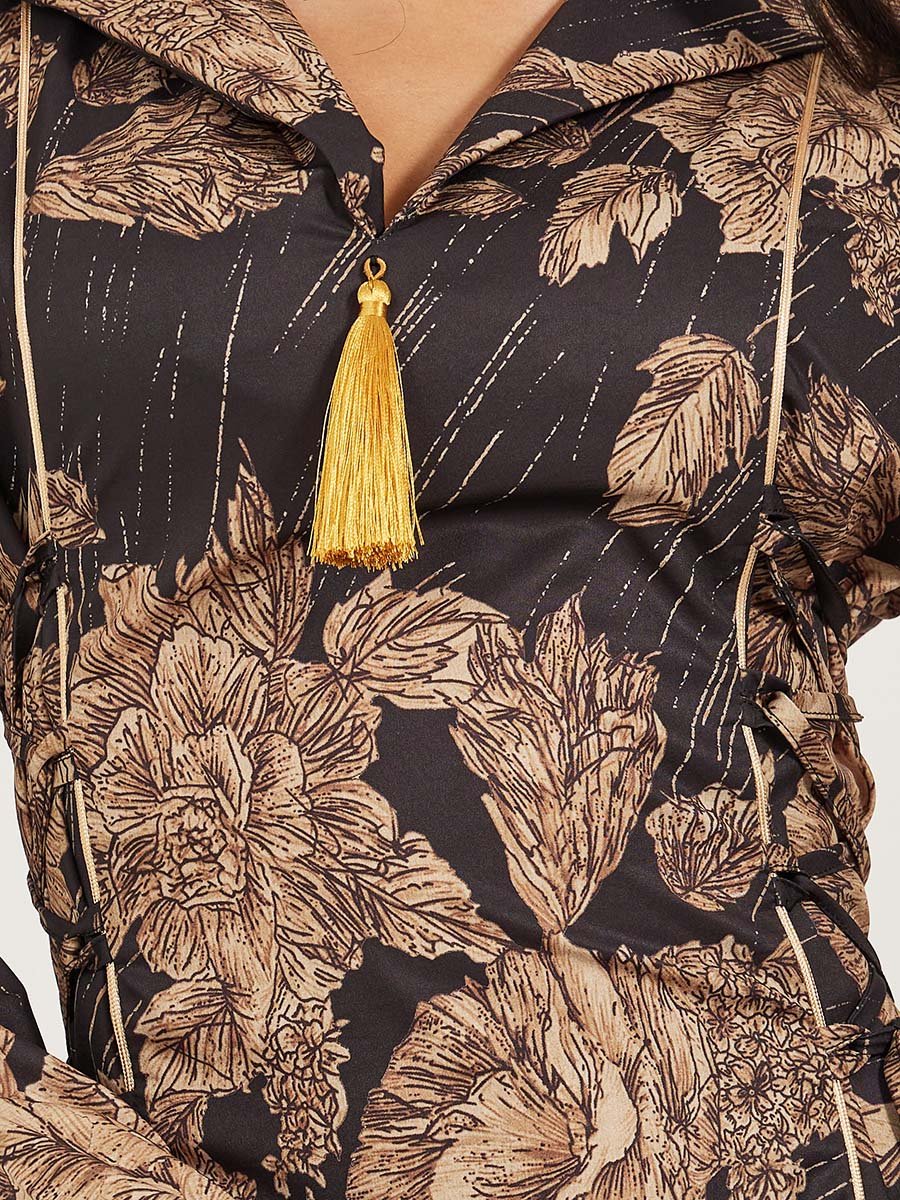Floral Jacquard Flat Collared Jalabiya with Tassel Detail