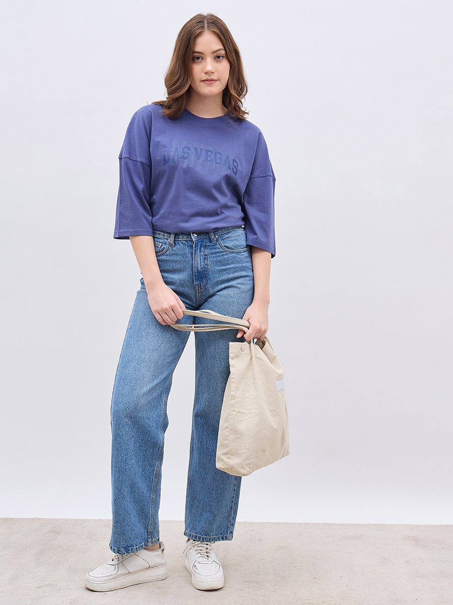 Exaggerated Shoulder Slogan Print Oversized T-Shirt