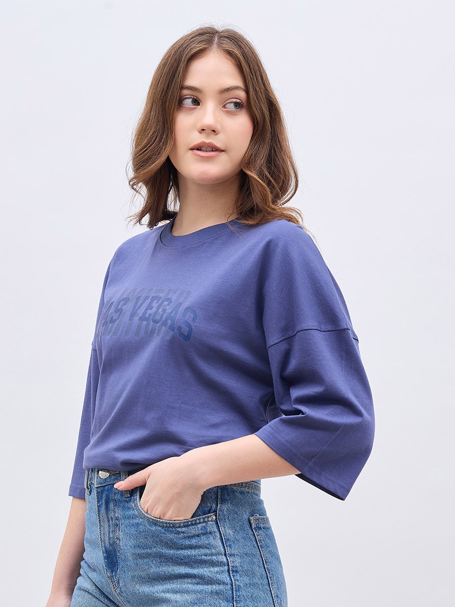 Exaggerated Shoulder Slogan Print Oversized T-Shirt