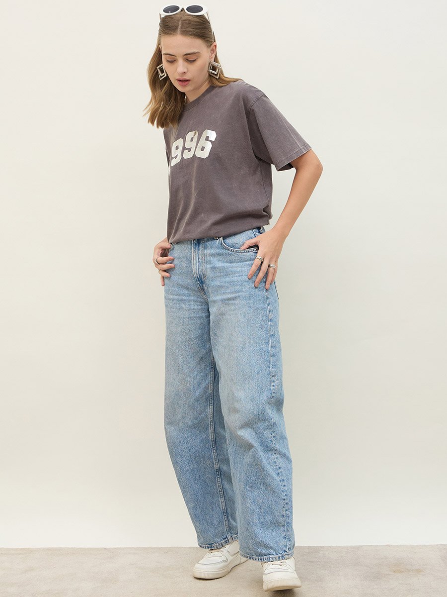 Acid Washed 1998 Foil Slogan Print Oversized T-Shirt