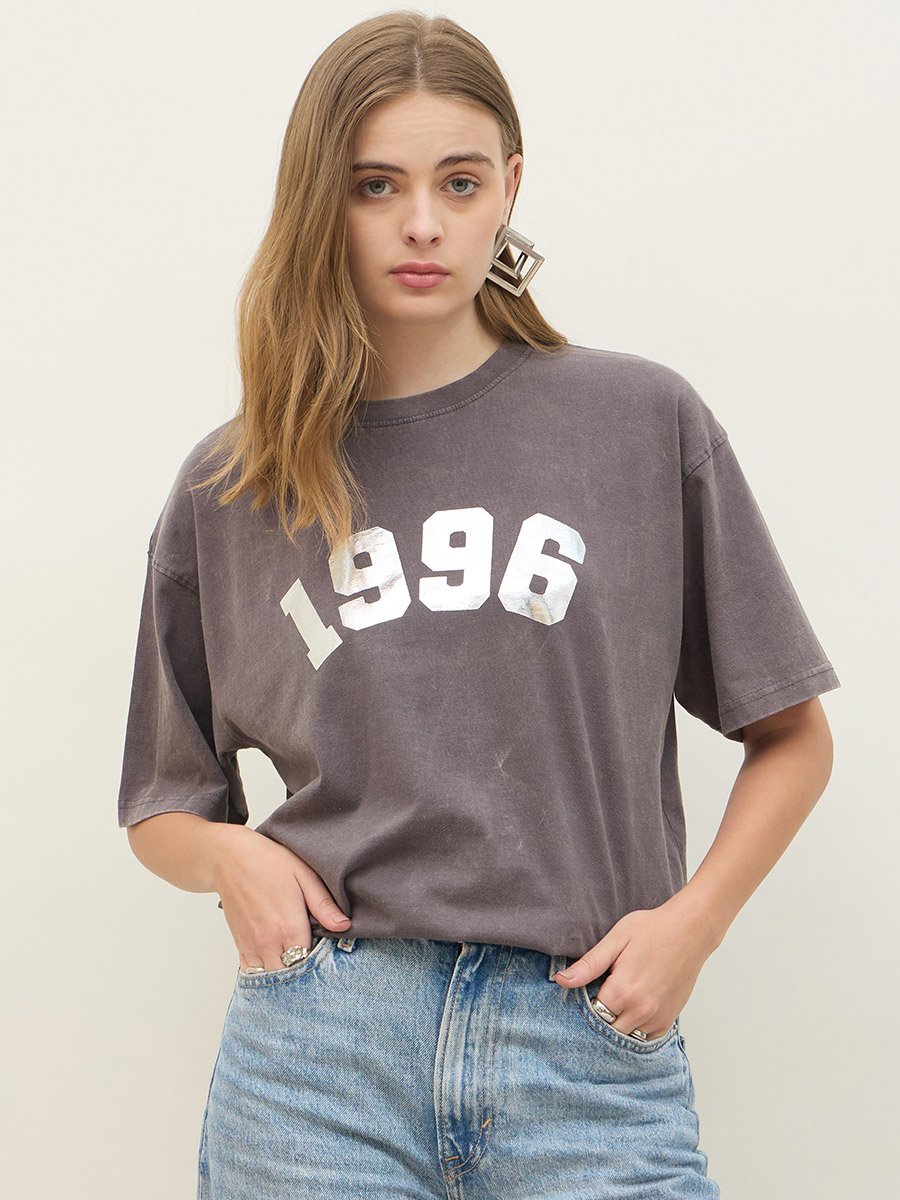 Acid Washed 1998 Foil Slogan Print Oversized T-Shirt