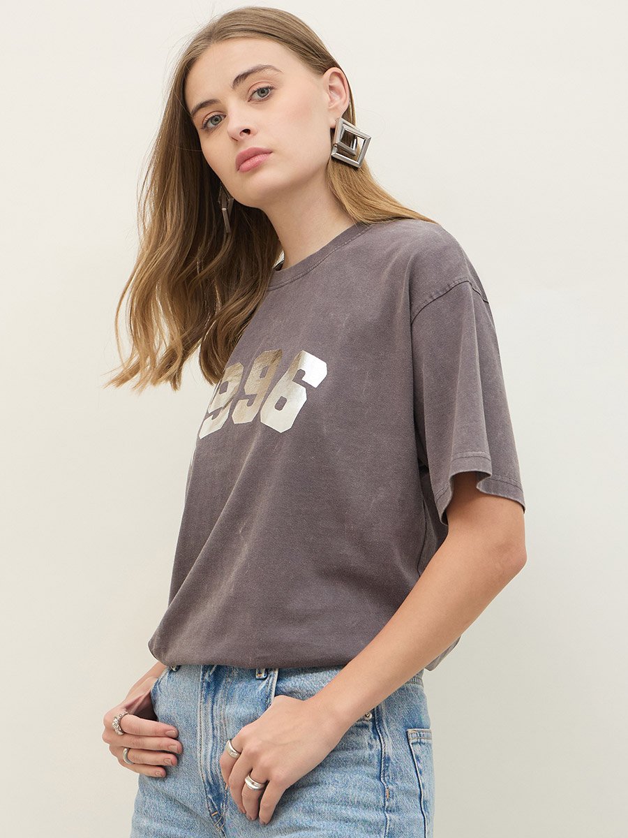 Acid Washed 1998 Foil Slogan Print Oversized T-Shirt