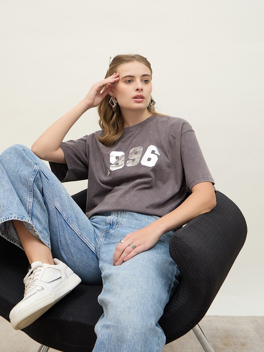 Acid Washed 1998 Foil Slogan Print Oversized T-Shirt