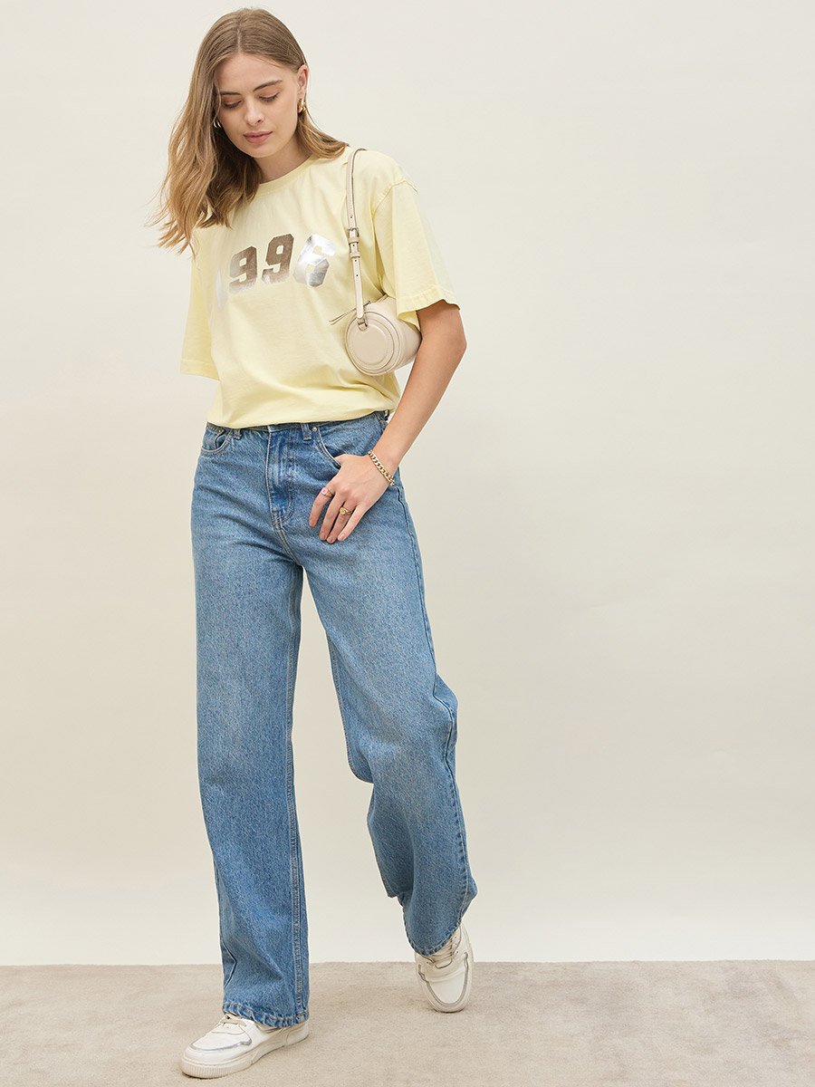 Acid Washed 1998 Foil Slogan Print Oversized T-Shirt