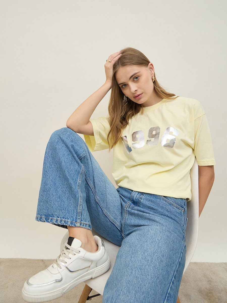 Acid Washed 1998 Foil Slogan Print Oversized T-Shirt