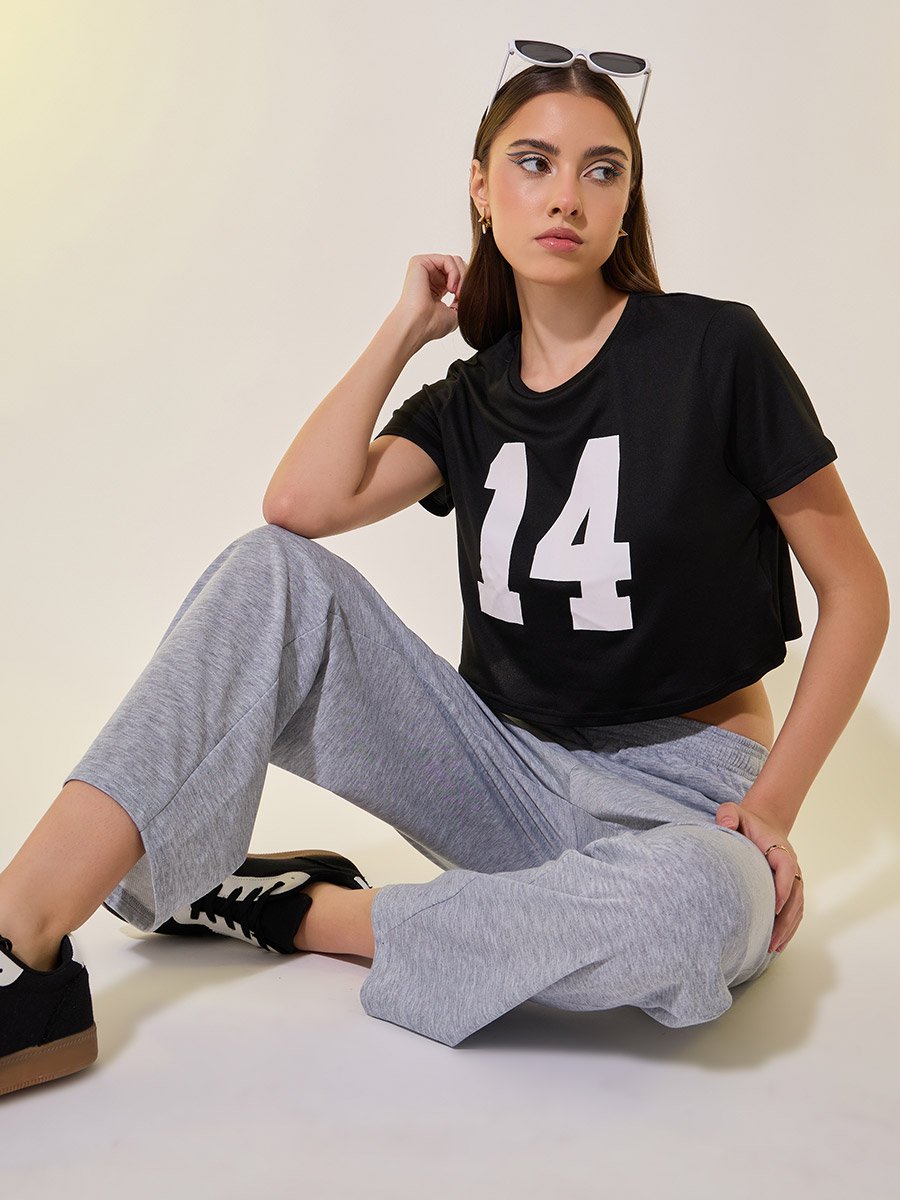 Slogan Print Round Neck Crop Top and Pants Co-Ords