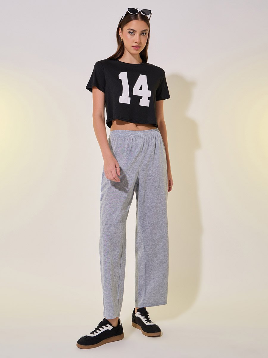 Slogan Print Round Neck Crop Top and Pants Co-Ords