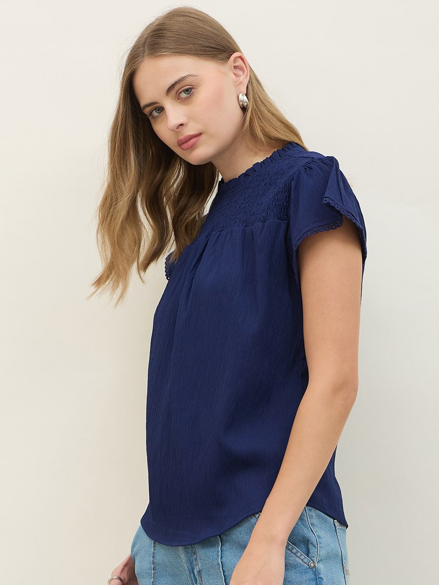 Regular Fit Round Neck Top with Smocked Detail