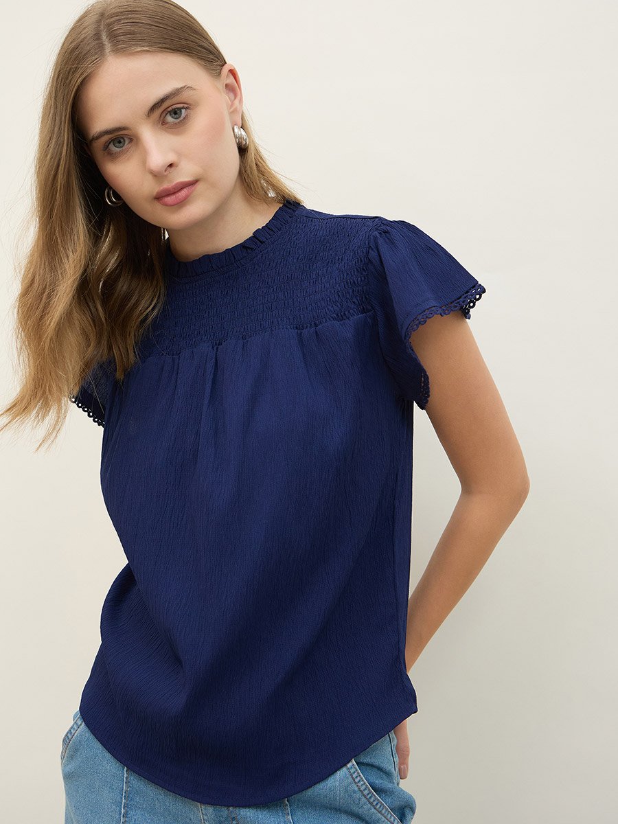 Regular Fit Round Neck Top with Smocked Detail