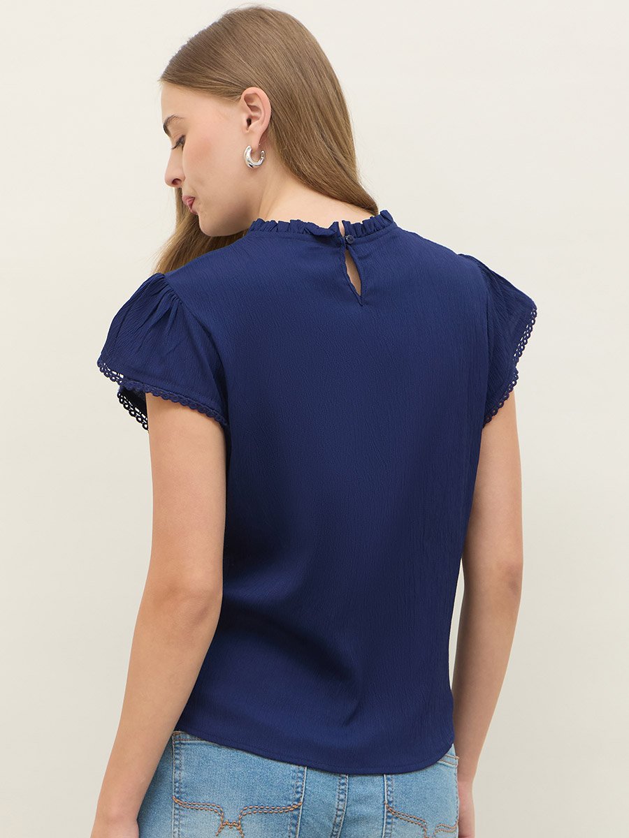 Regular Fit Round Neck Top with Smocked Detail