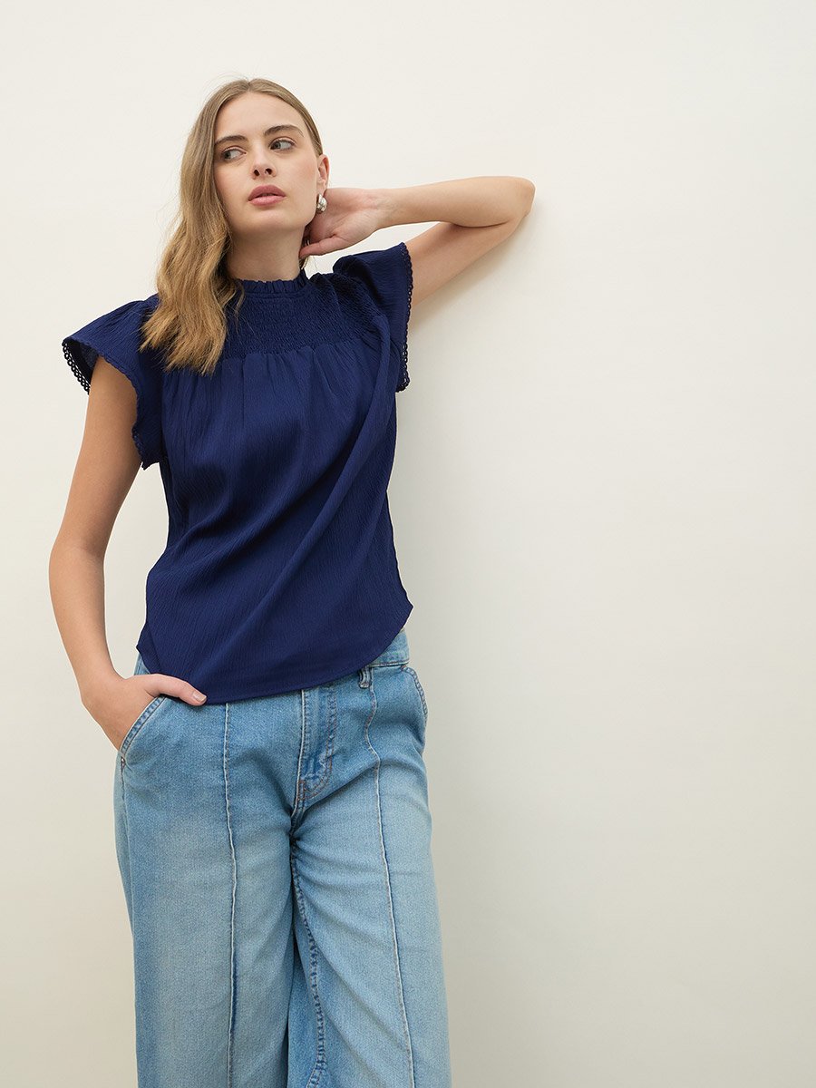 Regular Fit Round Neck Top with Smocked Detail