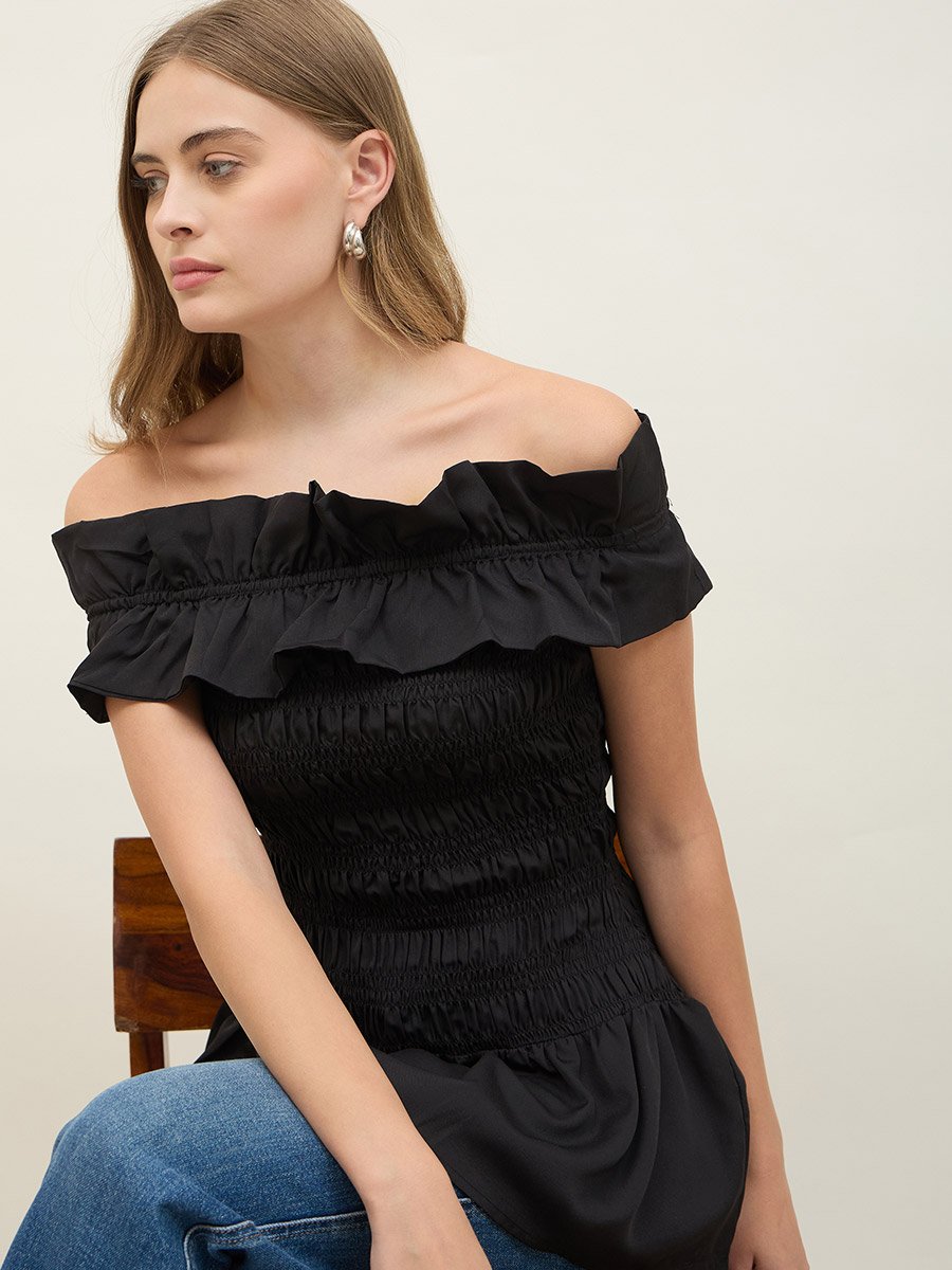 Off Shoulder Smocked Detail Longline Top