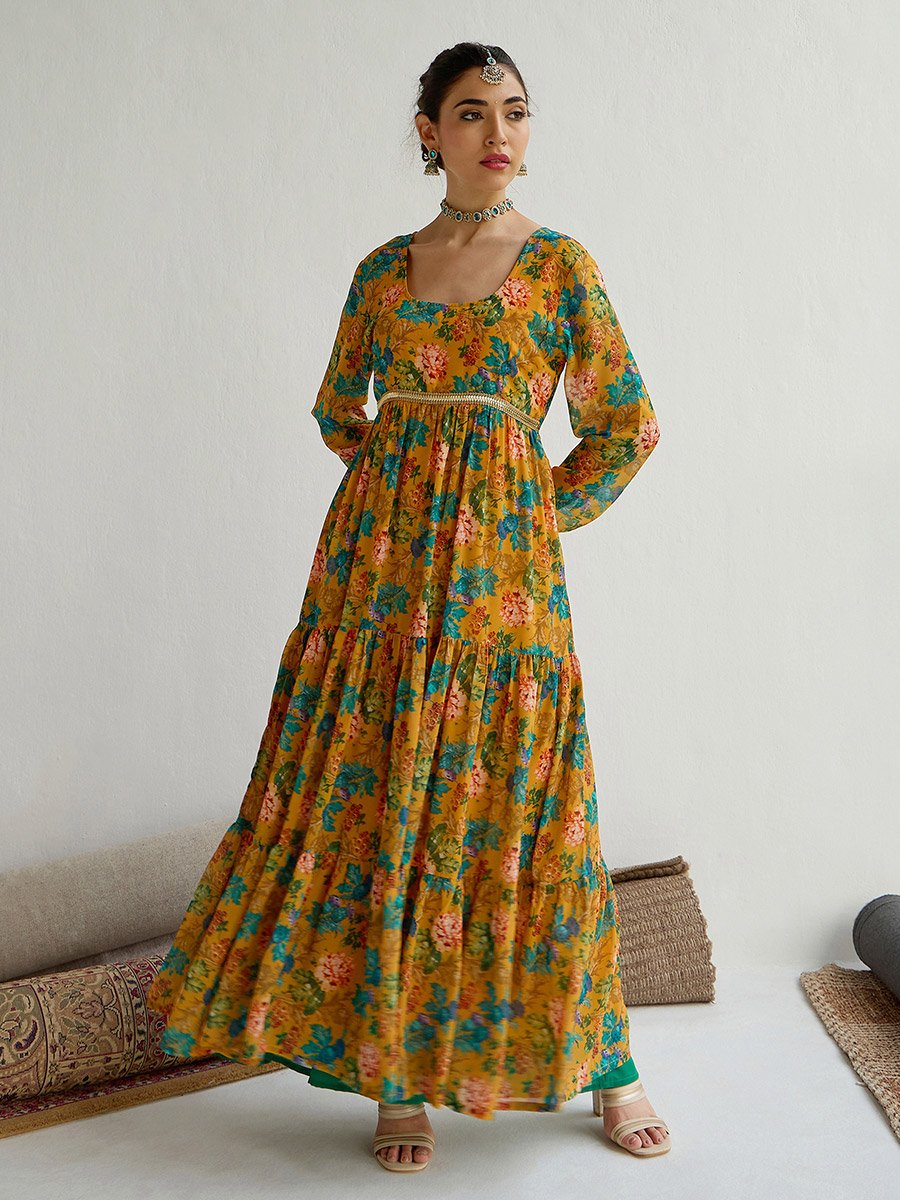 Floral Print Round Neck Tiered Kurta