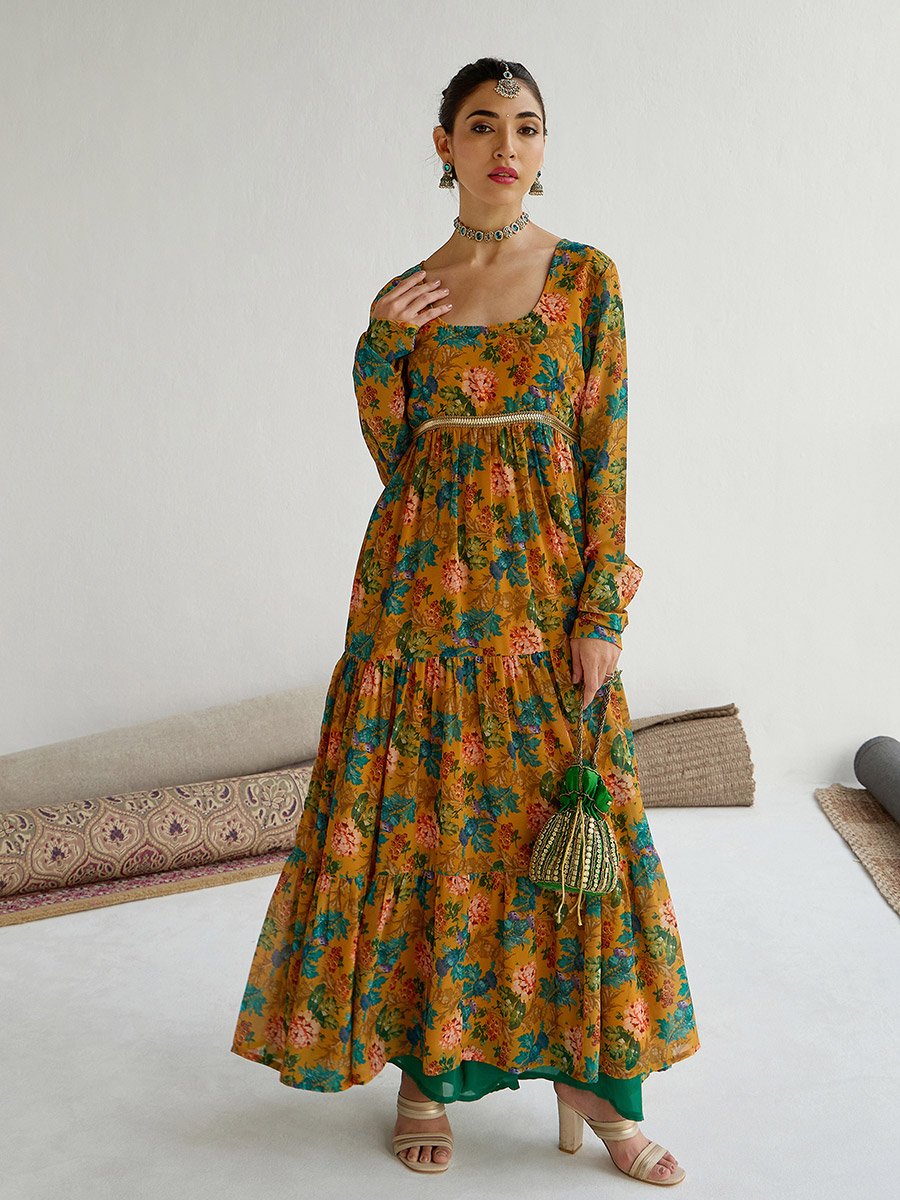 Floral Print Round Neck Tiered Kurta