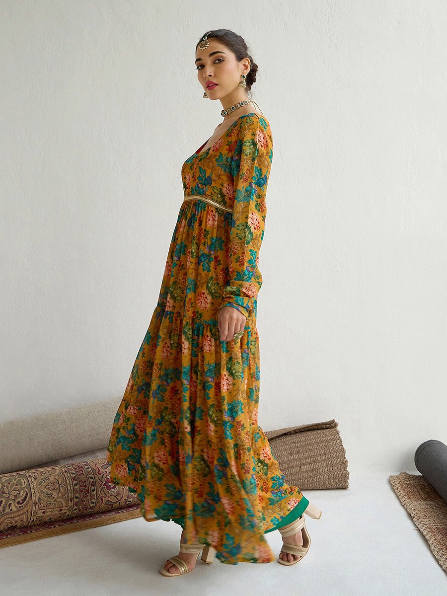 Floral Print Round Neck Tiered Kurta