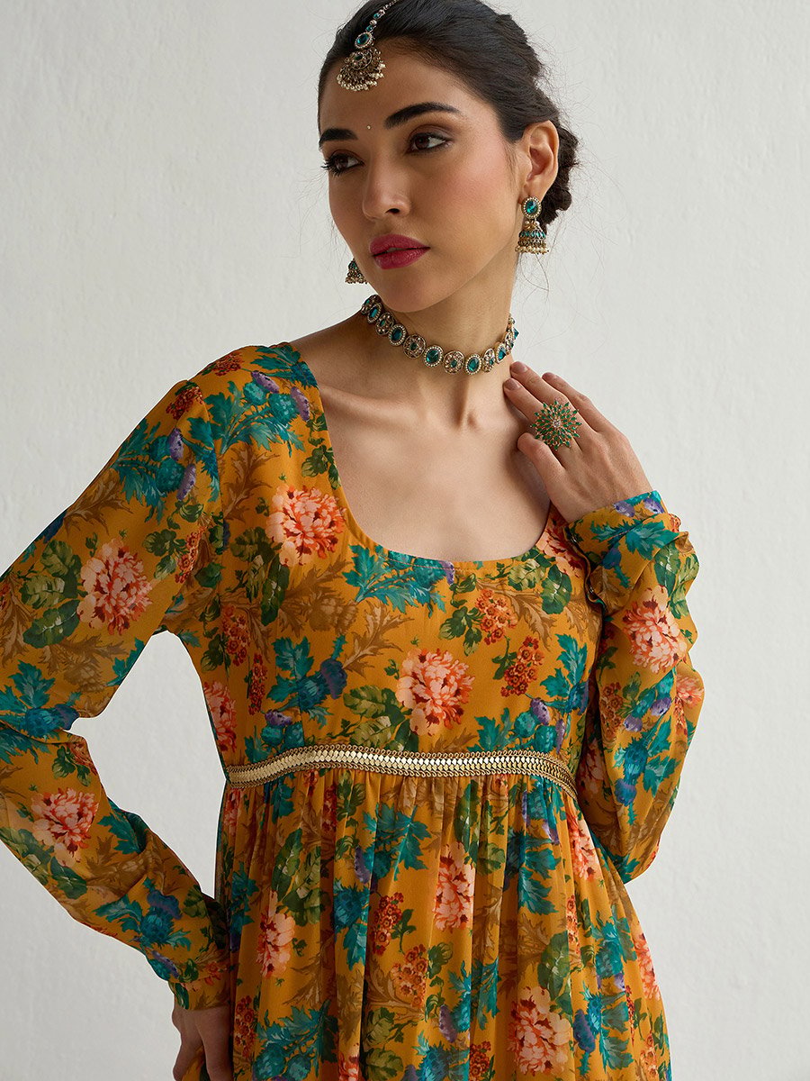Floral Print Round Neck Tiered Kurta