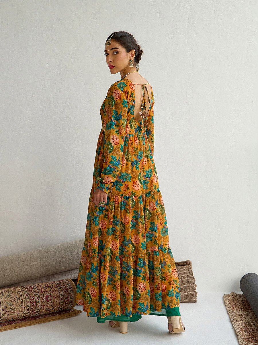 Floral Print Round Neck Tiered Kurta