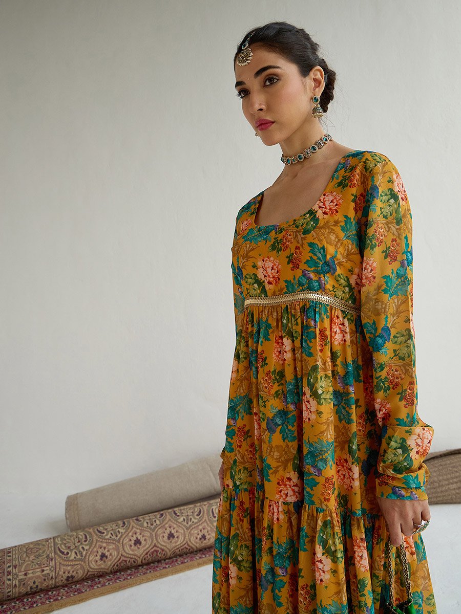 Floral Print Round Neck Tiered Kurta