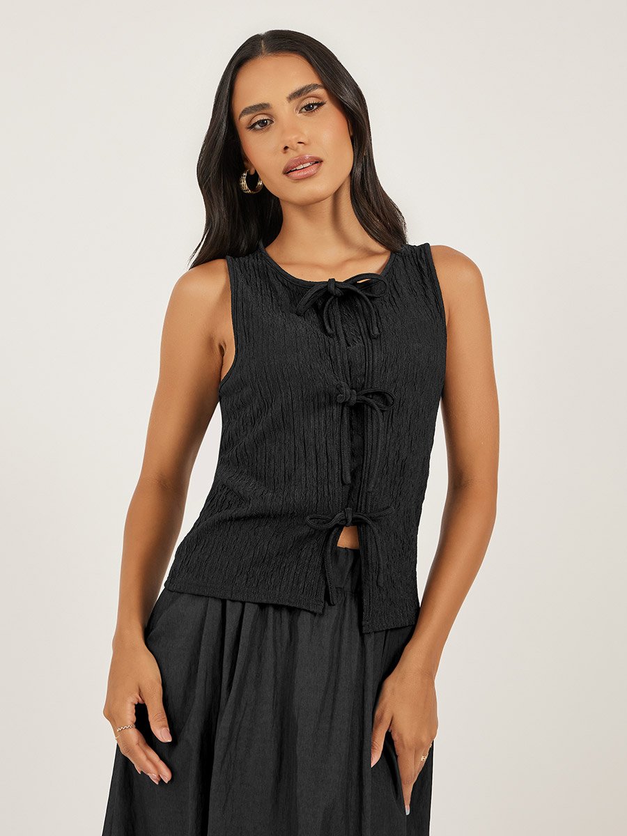 Women Black Ribbed Tie Front Sleeveless Knit Top