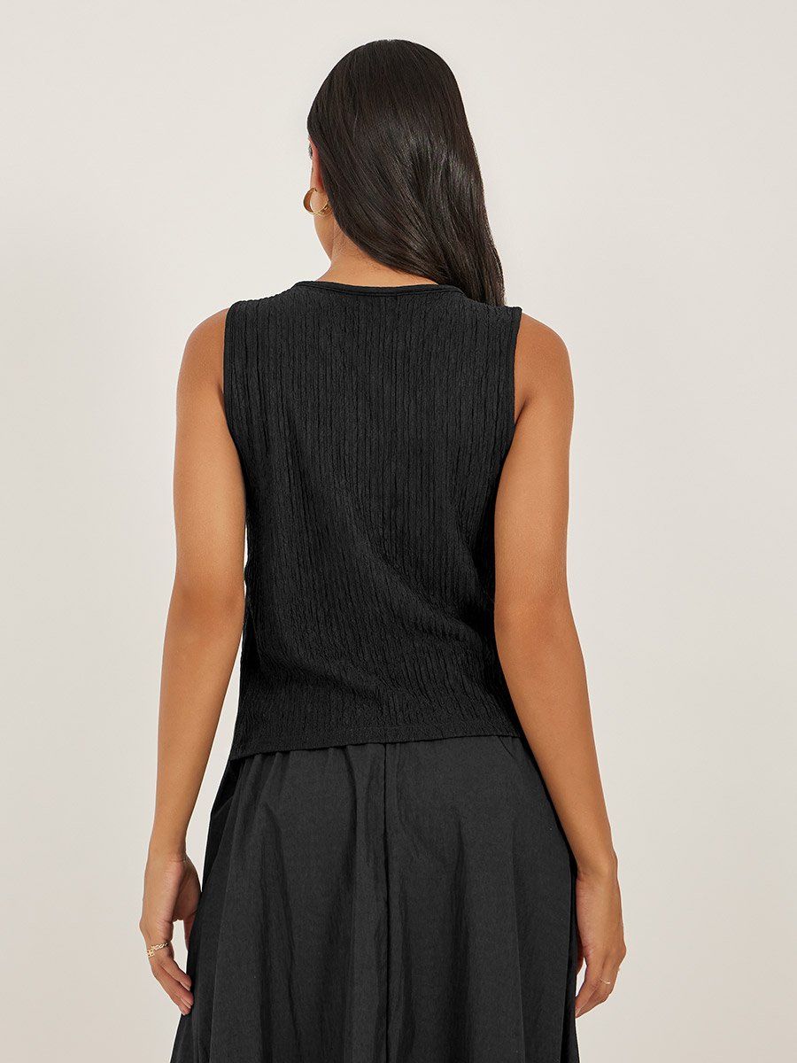 Women Black Ribbed Tie Front Sleeveless Knit Top