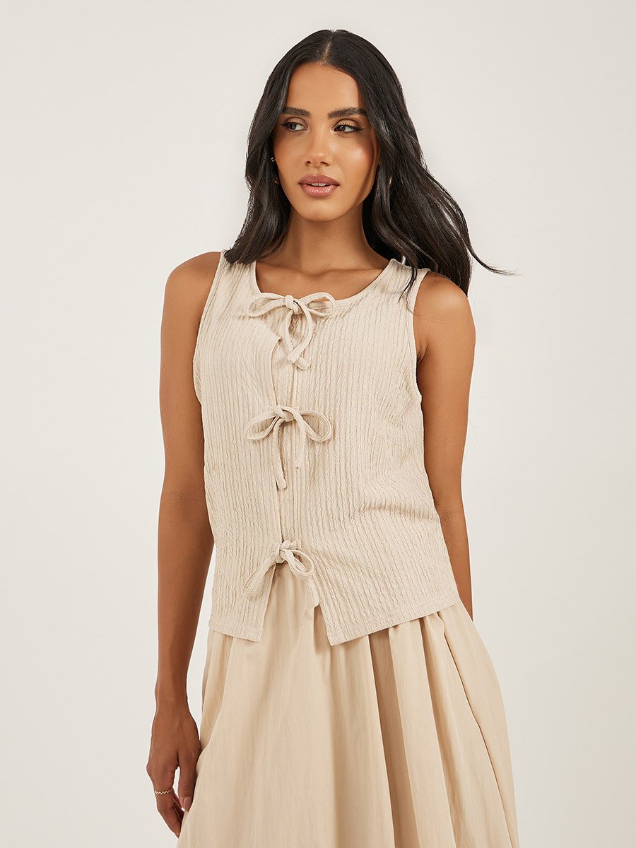 Women Beige Ribbed Tie Front Sleeveless Knit Top