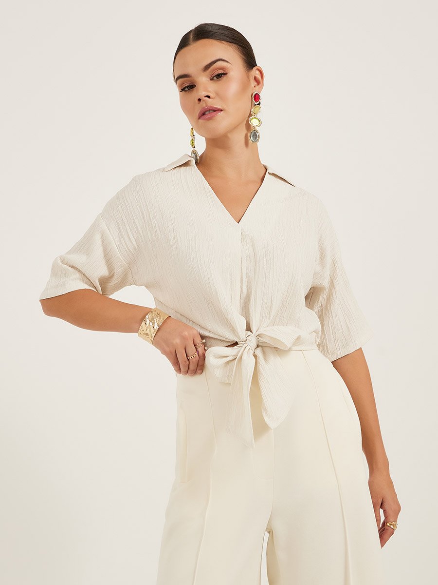 Textured V-Neck Tie-Up Detail Top