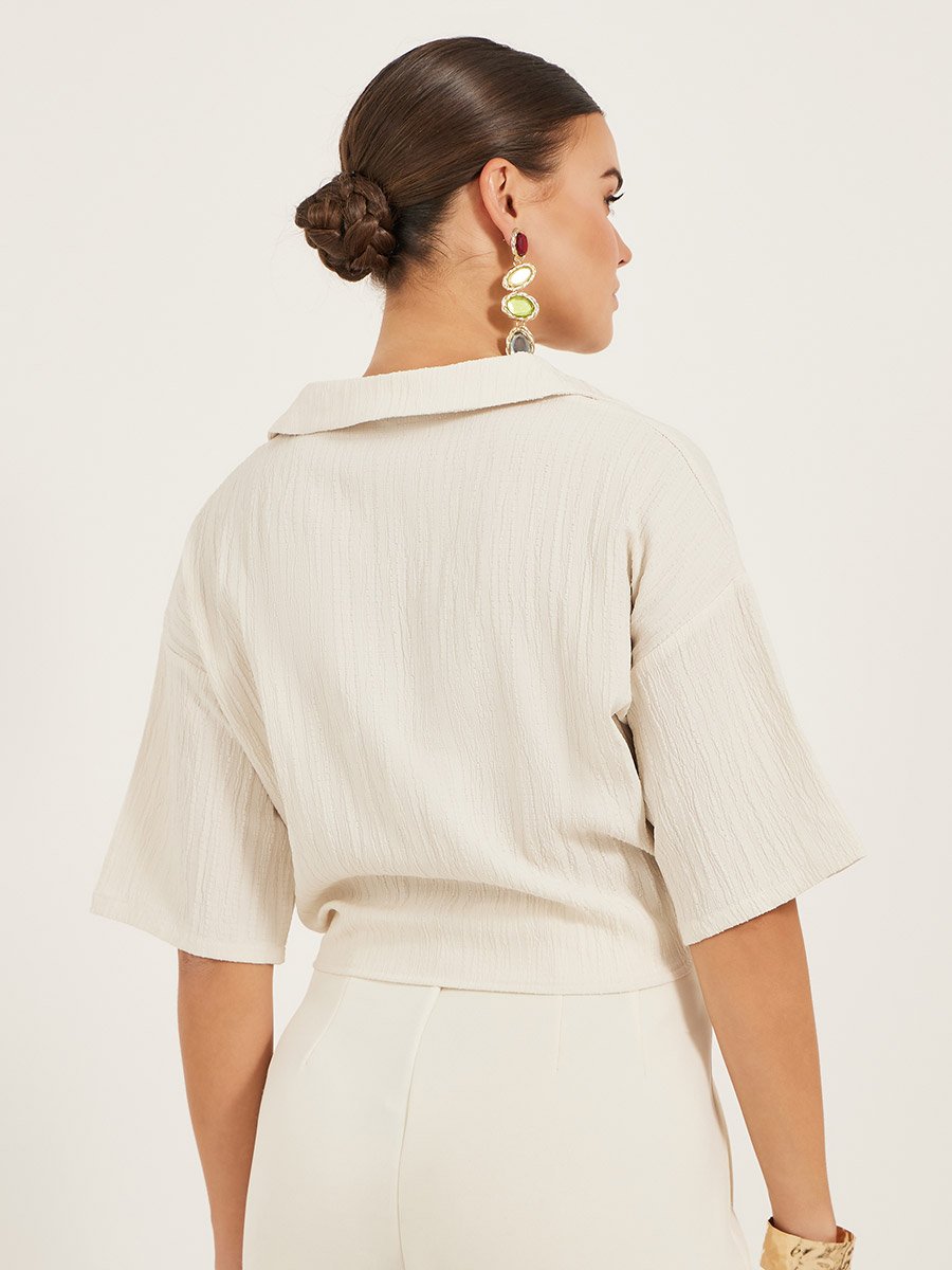 Textured V-Neck Tie-Up Detail Top