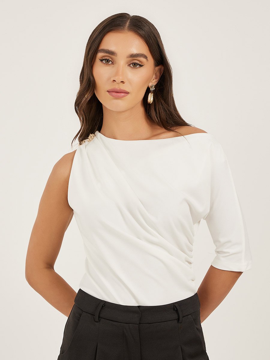 Ruched Asymmetric Neckline Fitted Top with Metal Trim